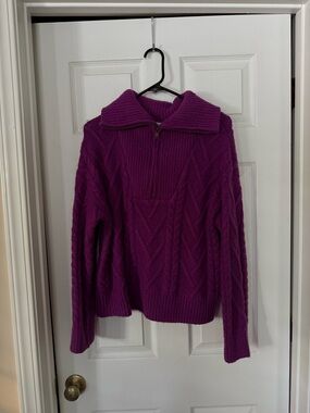 Crescent Purple Cable Knit Half-Zip Turtleneck Sweater